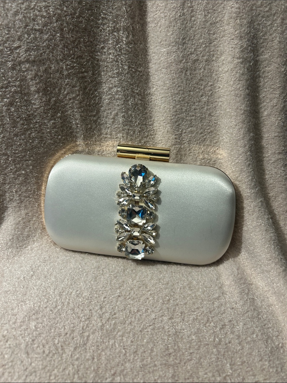 Silver Satin Evening Clutch with Crystal Centerpiece